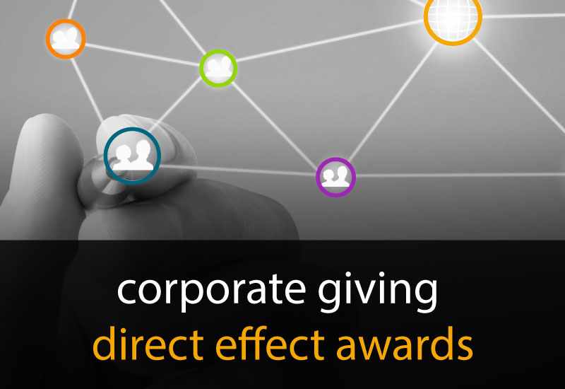 Direct Effect Award imagery of a hand drawing a web of icons with "Corporate Giving Direct Effect Awards" in text at bottom