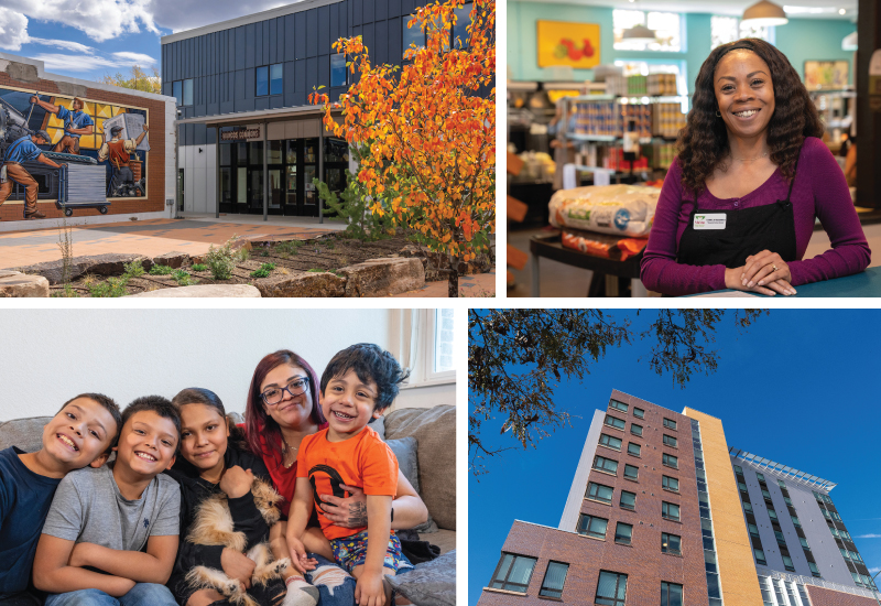 a group of four photos featuring CHFA customers and Colorado buildings