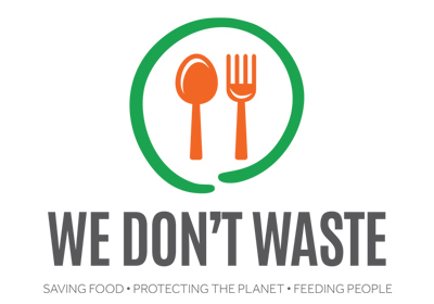 We Don't Waste Logo that is a green and orange image of a spoon and fork