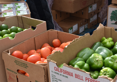 Boxes of tomatoes, peppers, and limes