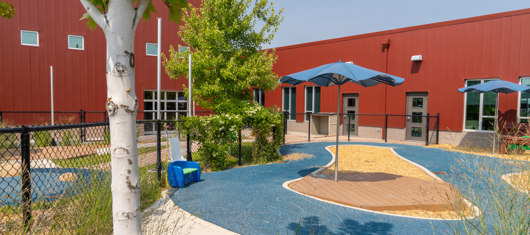 A courtyard of a red brick building