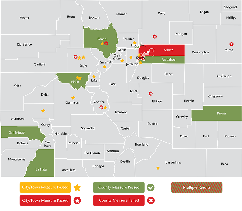 a map of 2024 ballot measures that passed or failed in Colorado